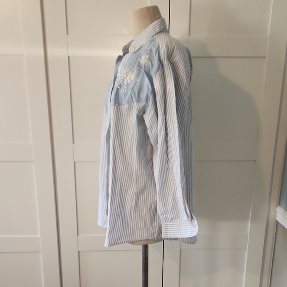 VINTAGE JANE ASHLEY Chambray WESTERN TOP w/ PEARLS  EMBROIDERY SZ 1X Blue Stripe - Picture 6 of 7
